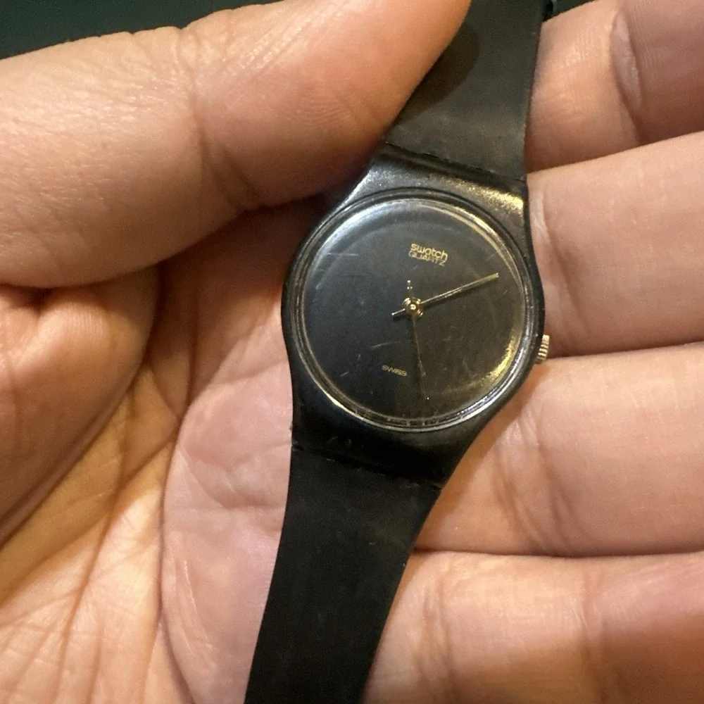 Works Vintage Swatch Black Magic Watch Ladies 25mm Swiss Gold Hands New Battery